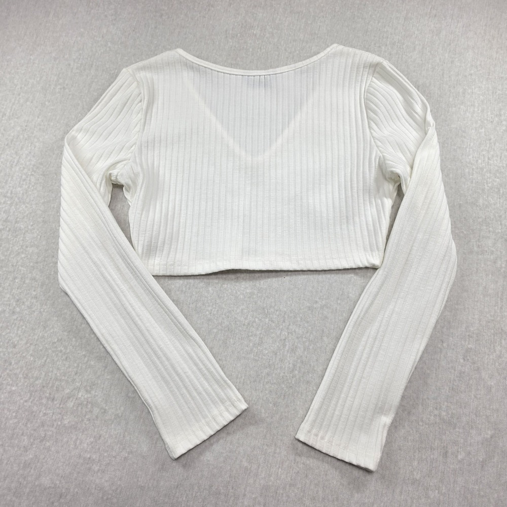 CHICME White Ribbed V-Neck Long Sleeve Crop Top Size S Coquette Y2K Going Out - Picture 8 of 9